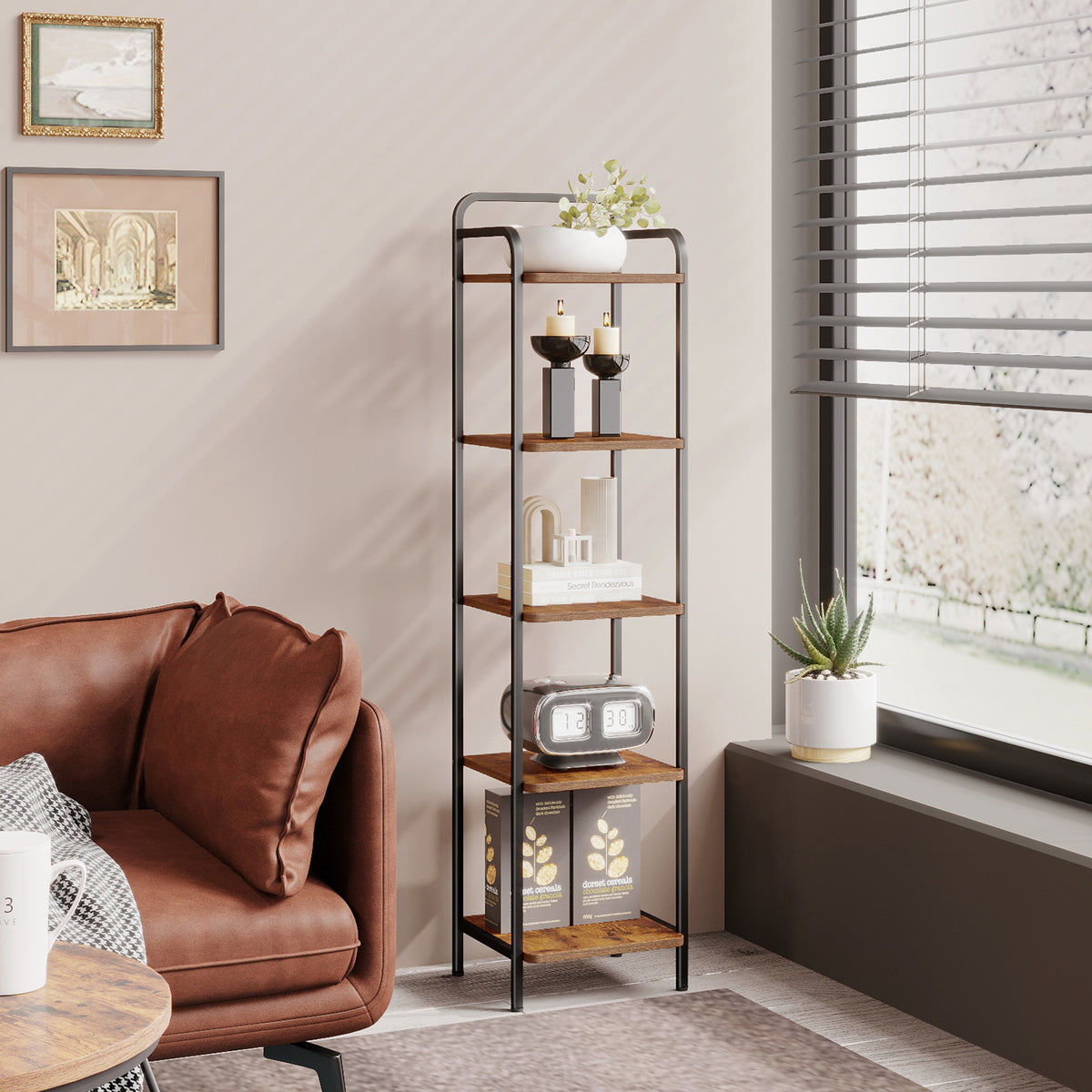 joyunite 5-Tier Bookcase Bookshelf, Narrow Tall Bookcase, Slim Wooden Shelving Unit for Bedroom, Living Room, Home Office, Sturdy, Rustic Brown and Black, BC24501B