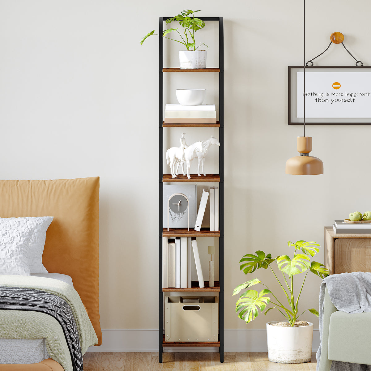 joyunite Bookcase, 6-Tier Bookshelf, Narrow Bookcase Shelving Unit for Living Room, Office, Sturdy, Bedroom, 30 x 33.6 x 178 cm, Industrial, Rustic Brown and Black, BC56001B