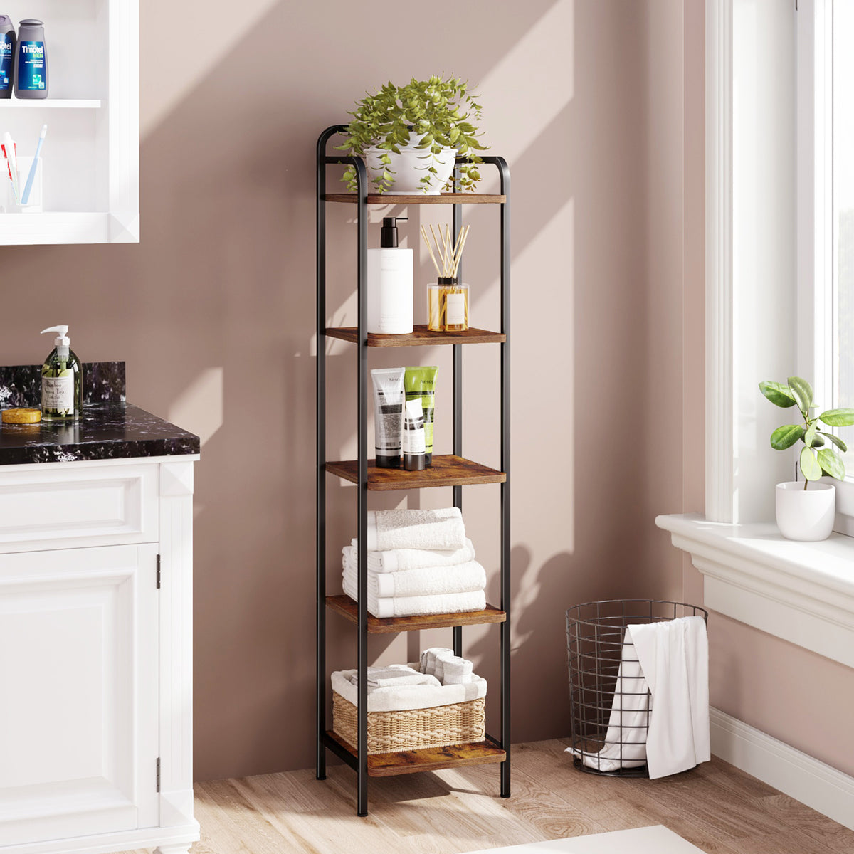 joyunite 5-Tier Bookcase Bookshelf, Narrow Tall Bookcase, Slim Wooden Shelving Unit for Bedroom, Living Room, Home Office, Sturdy, Rustic Brown and Black, BC24501B