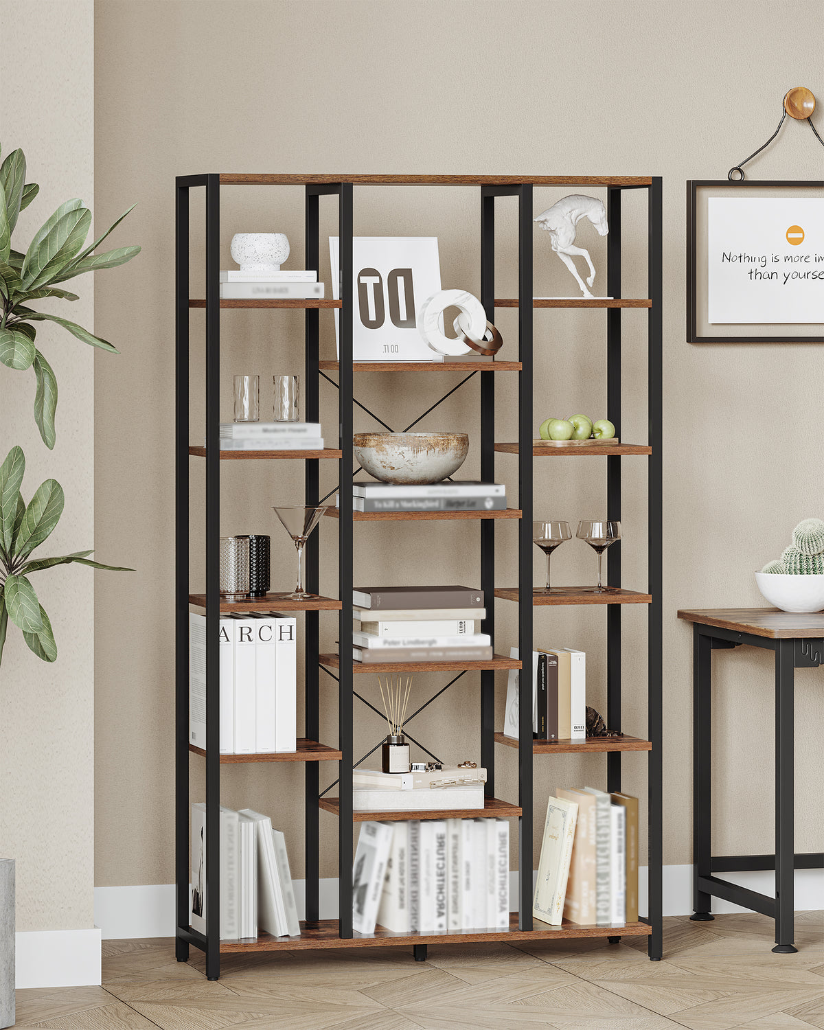 joyunite 6-Level Bookshelf with 15 Adjustable Shelves, Vintage Brown-Black, 30 x 100 x 170 cm
