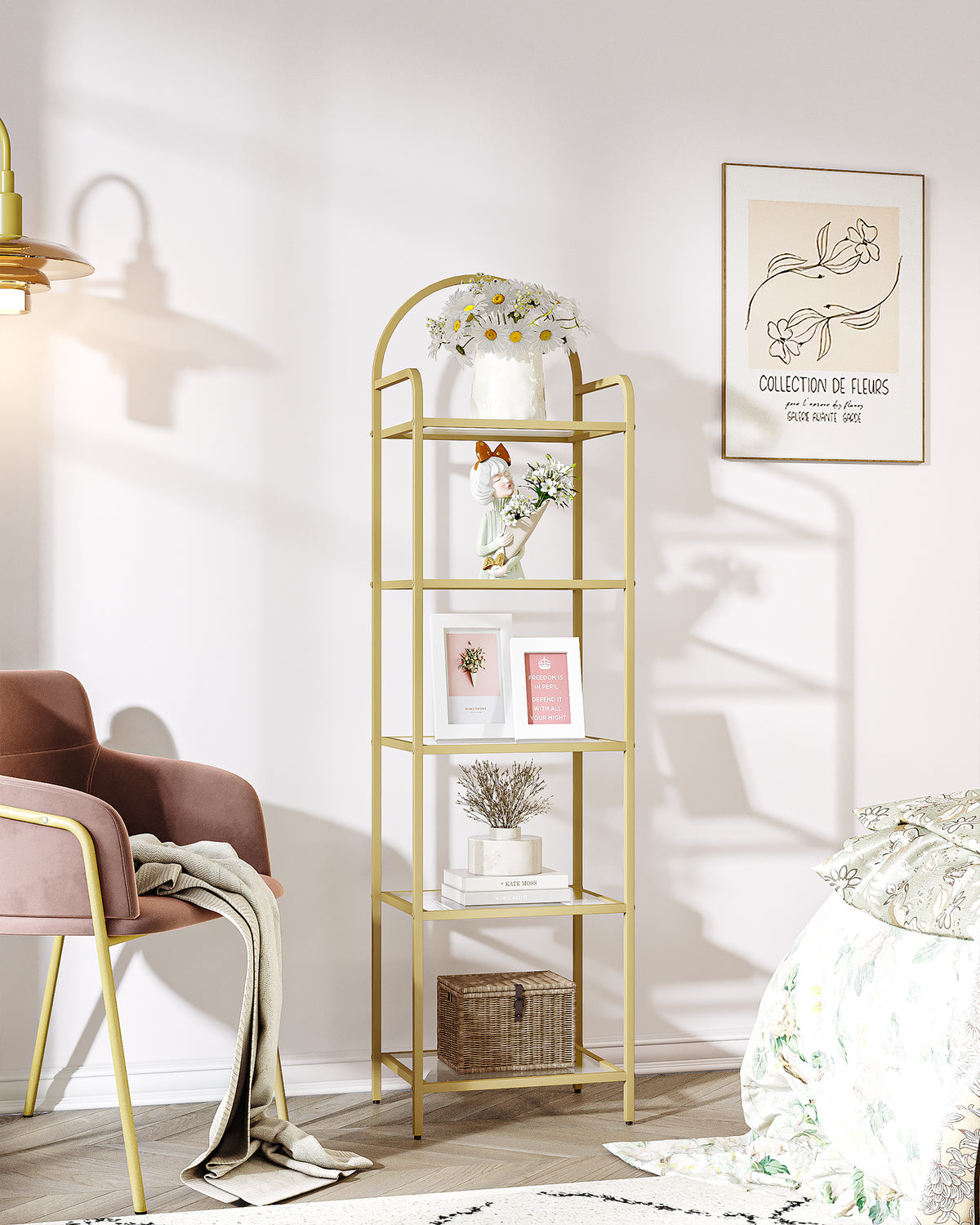 joyunite 5 Tier Bookcase Bookshelf, Tempered Glass Bookshelves, Slim Shelving Unit for Bedroom, Bathroom, Home Office, Steel Frame, Gold BC05001G