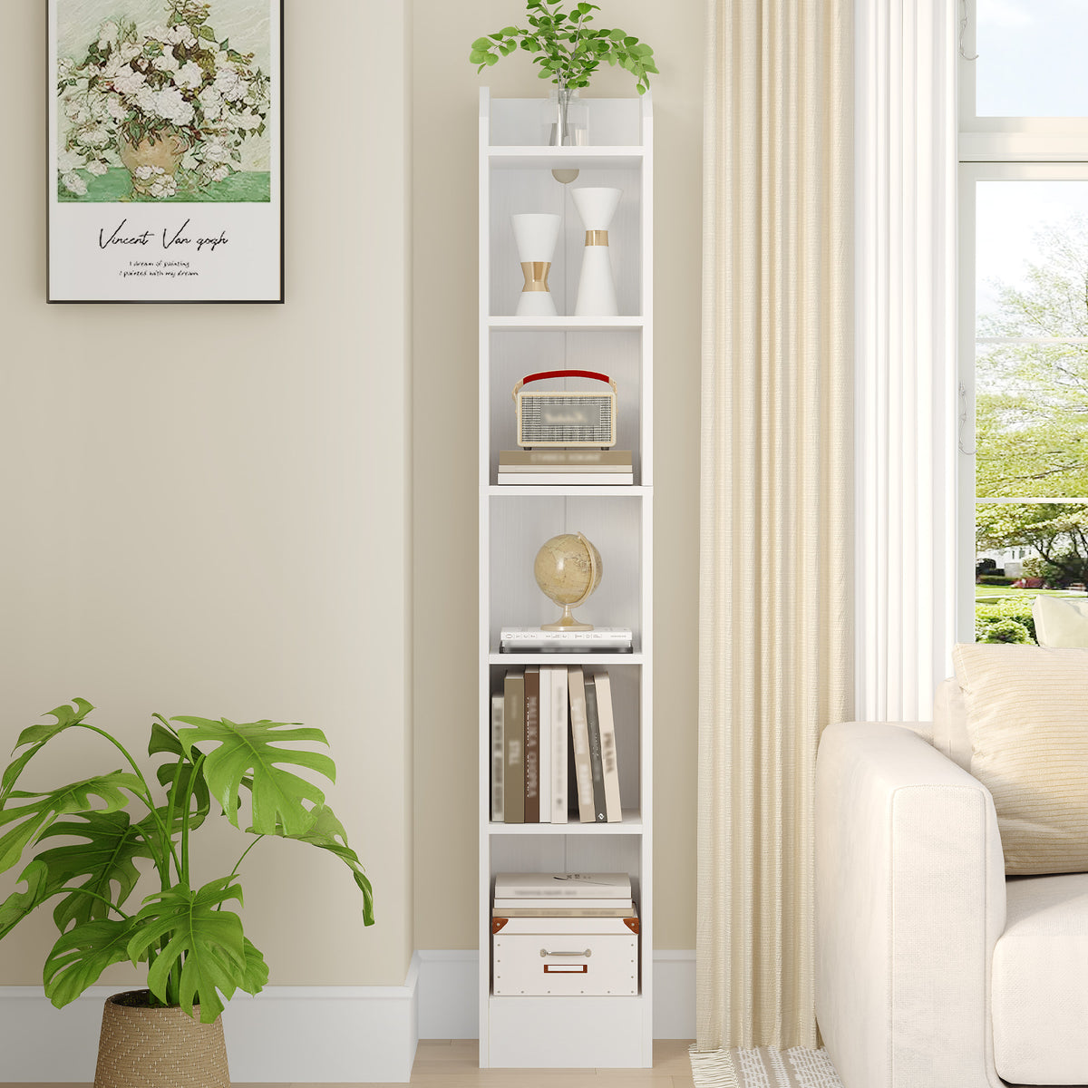 joyunite Bookcase, 6-Tier Narrow Tall Bookshelf, Wooden Bookshelf with Adjustable Shelf, Open Storage Shelf for Bedroom, Living Room, Home Office, 24 x 30 x 169.5 cm, White, BC06913X