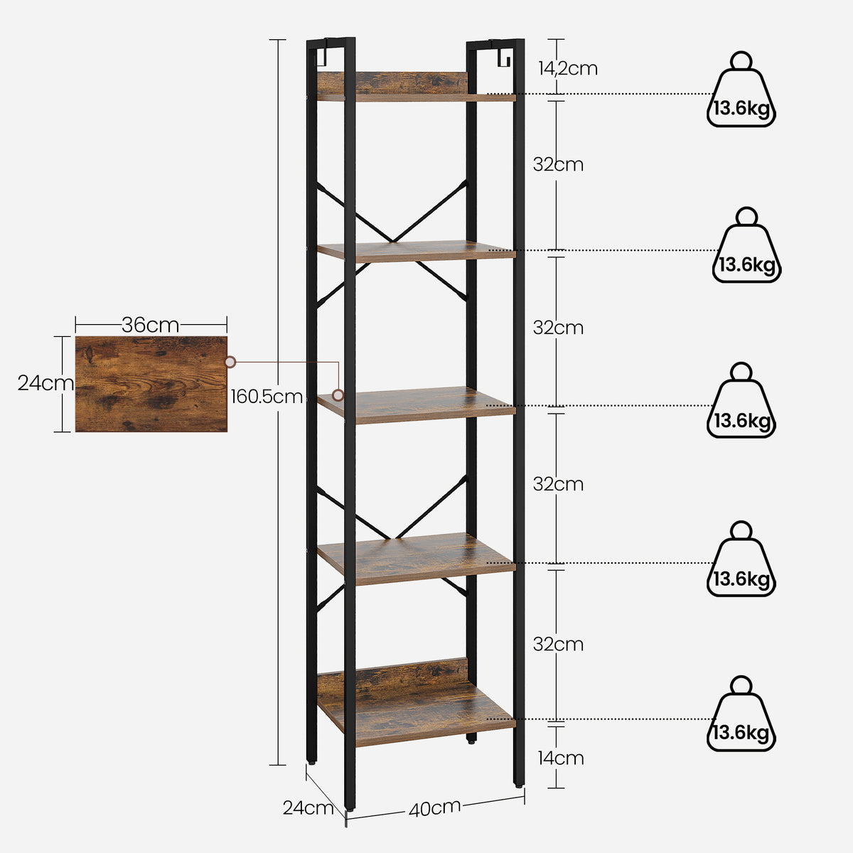 joyunite Bookcase, 5-Tier Bookshelf, Narrow Bookcase Shelving Unit for Living Room, Office, Sturdy, Bedroom, 24 x 40 x 160 cm, Industrial, Rustic Brown and Black, BC10501B