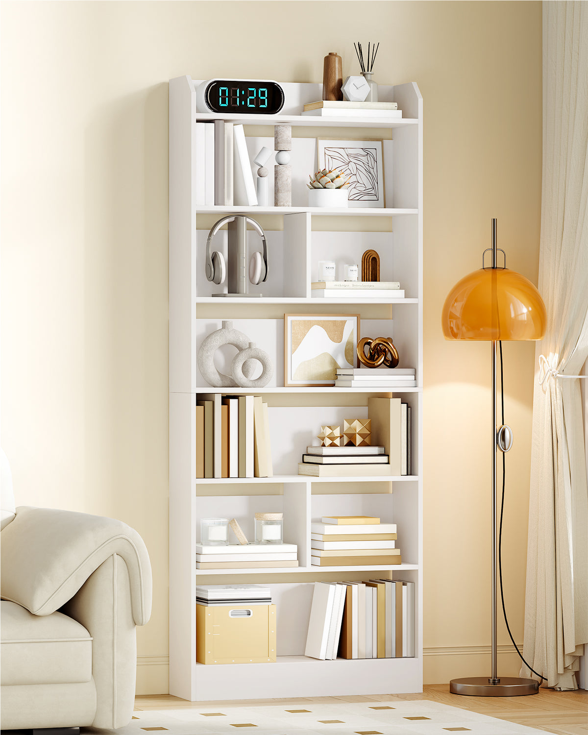 joyunite Bookshelf, Bookcase, with 7 Shelves, Storage Shelf, Freestanding Shelf, for Living Room, Office, Bedroom, 24 x 60 x 199.2 cm, White BC11703X