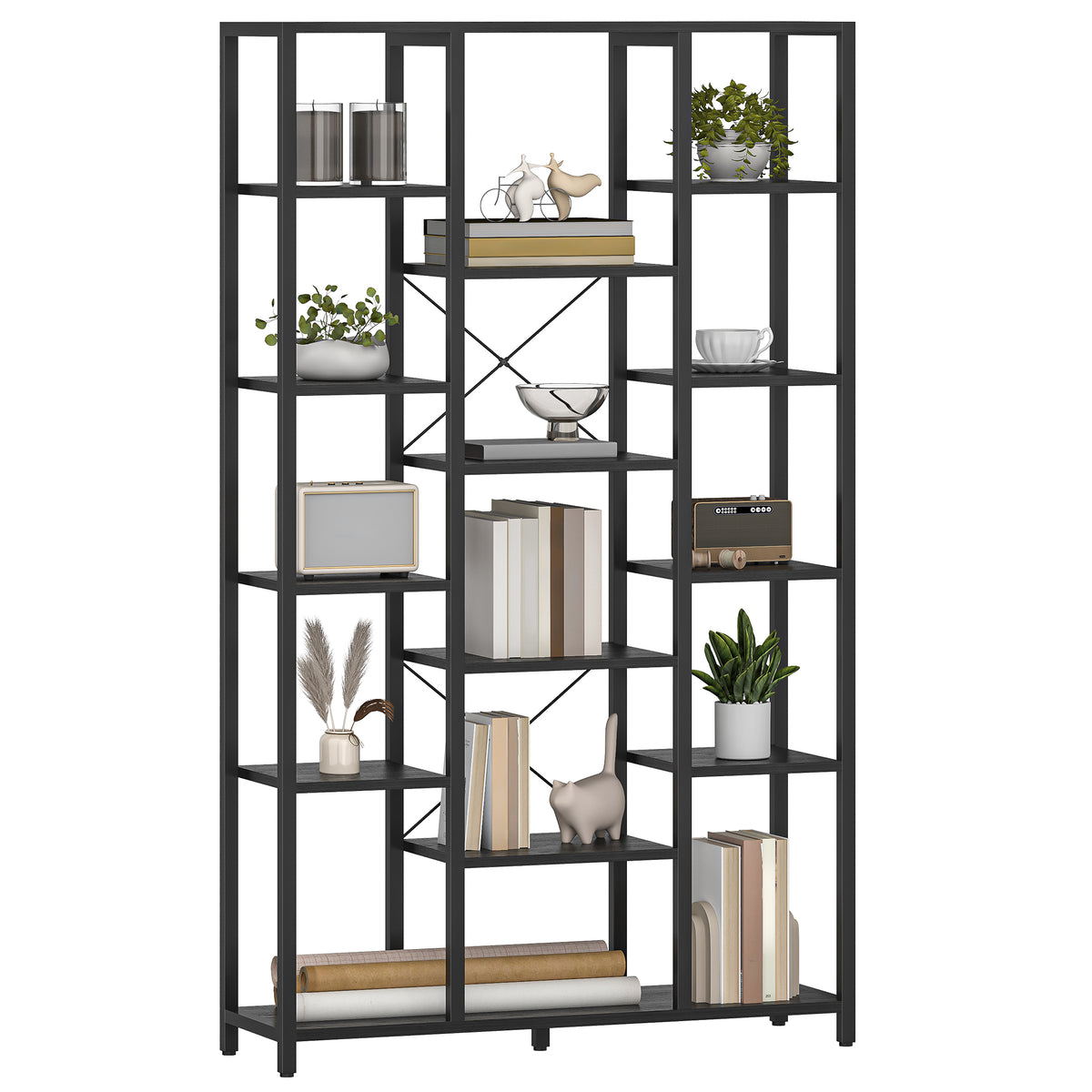 joyunite Bookshelf, Standing Shelf with 6 Levels and 15 Shelves, Adjustable Open Shelves, for Living Room, Office, Bedroom, 30 x 100 x 170 cm, Black with Wood Grain, BC15004B