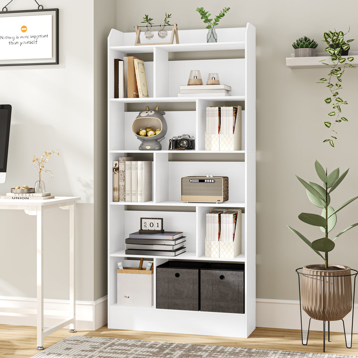 joyunite Bookshelf, Bookcase, with 6 Shelves, Storage Shelf, Freestanding Shelf, for Living Room, Office, Bedroom, 24 x 80 x 170 cm, White BC22803X