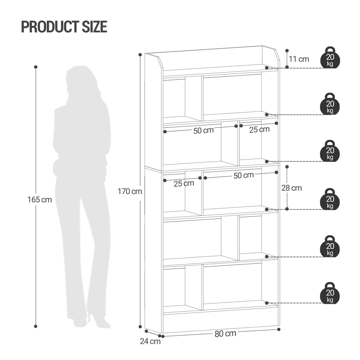 joyunite Bookshelf, Bookcase, with 6 Shelves, Storage Shelf, Freestanding Shelf, for Living Room, Office, Bedroom, 24 x 80 x 170 cm, Oak Beige BC22816X