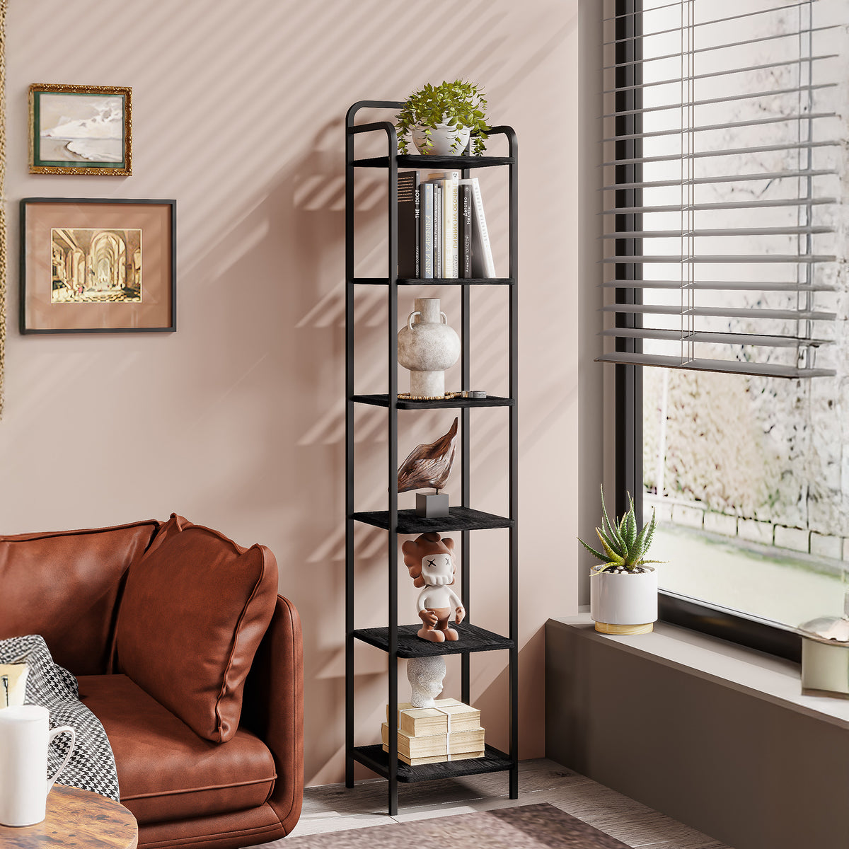 joyunite 6-Tier Bookcase Bookshelf, Narrow Tall Bookcase, Slim Wooden Shelving Unit for Bedroom, Living Room, Home Office, Sturdy, Black, BC24604B