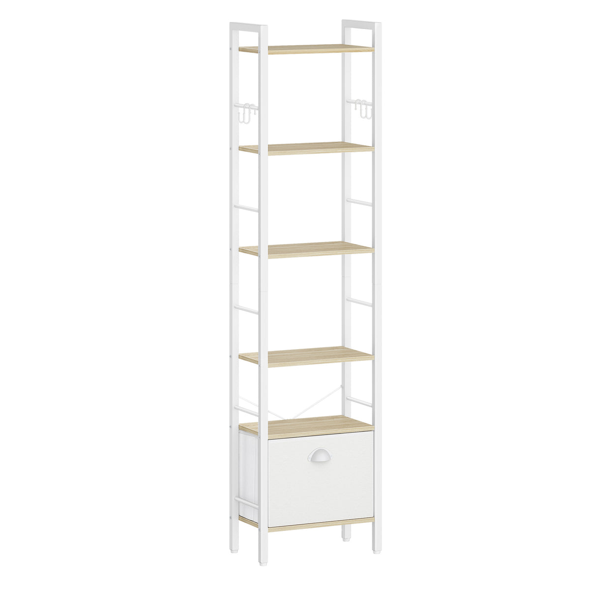 joyunite bookcase, 6 vertical shelves with 1 fold-down fabric drawer and 4 hooks, open shelves, metal frame, for study, living room, white oak, 24 x 40 x 173 cm, BC40616W