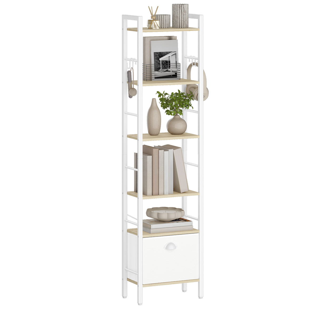 joyunite bookcase, 6 vertical shelves with 1 fold-down fabric drawer and 4 hooks, open shelves, metal frame, for study, living room, white oak, 24 x 40 x 173 cm, BC40616W