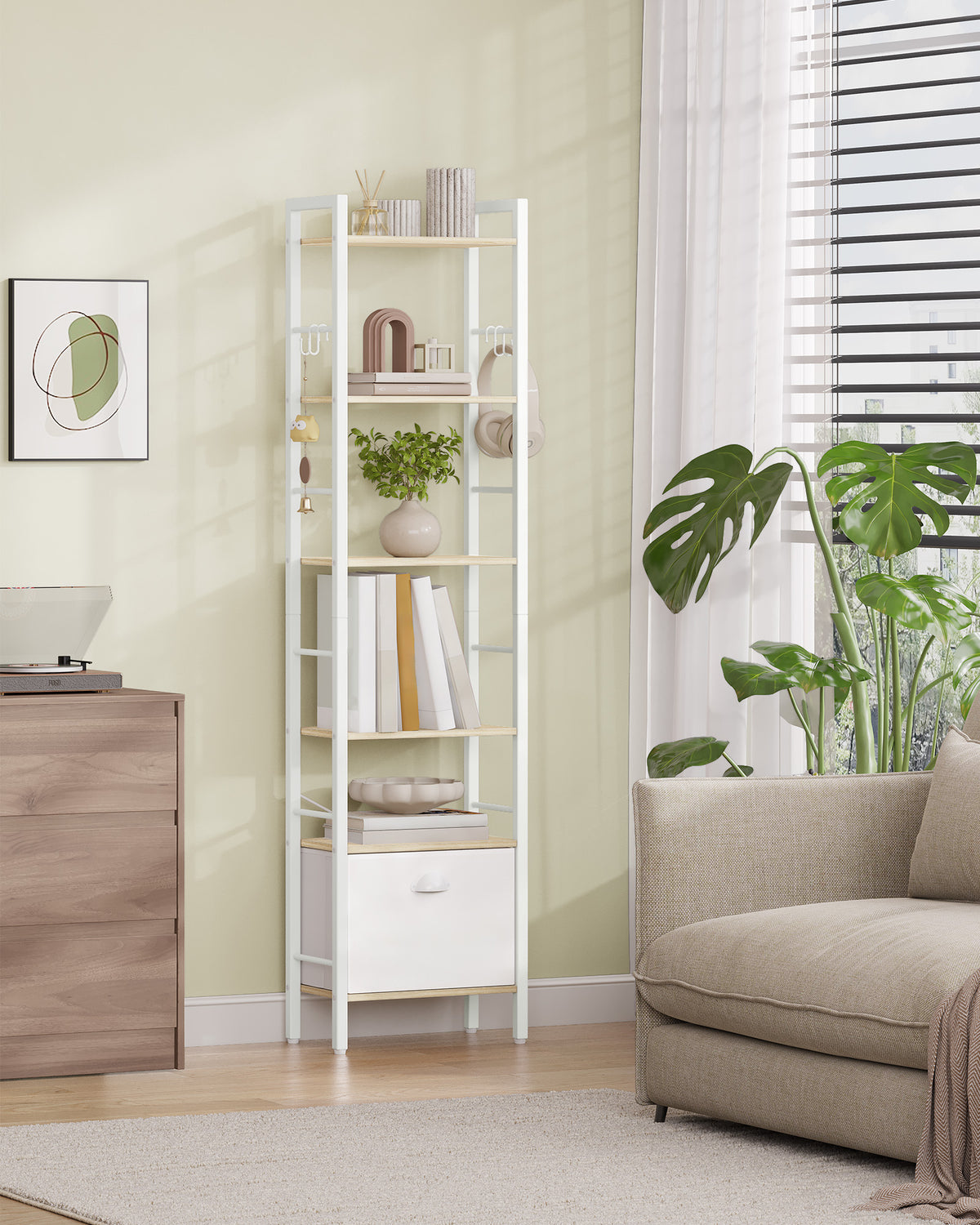 joyunite bookcase, 6 vertical shelves with 1 fold-down fabric drawer and 4 hooks, open shelves, metal frame, for study, living room, white oak, 24 x 40 x 173 cm, BC40616W
