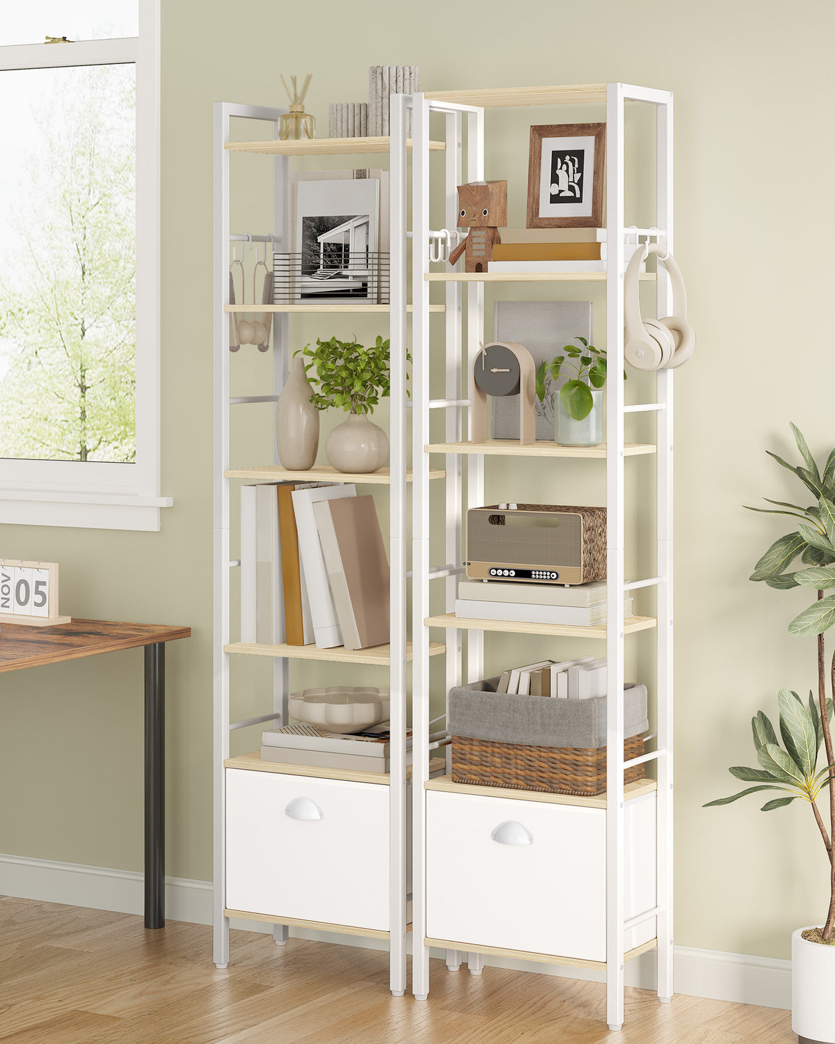 joyunite bookcase, 6 vertical shelves with 1 fold-down fabric drawer and 4 hooks, open shelves, metal frame, for study, living room, white oak, 24 x 40 x 173 cm, BC40616W