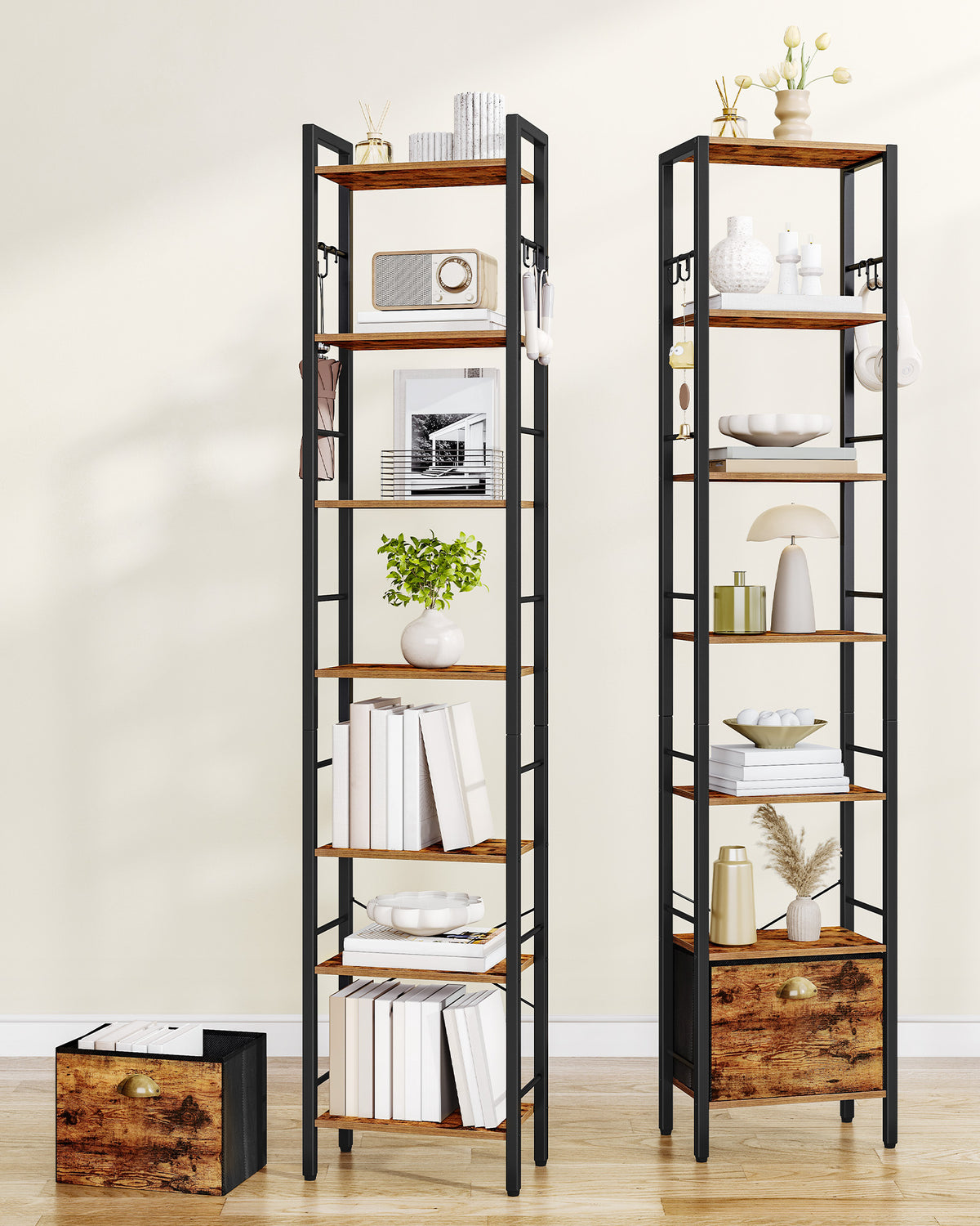 joyunite Bookshelf, 7 vertical shelves with 1 fold-down fabric drawer and 4 hooks, open shelves, metal frame, for study, living room, vintage brown-black, 24 x 40 x 198.8 cm, BC40701B