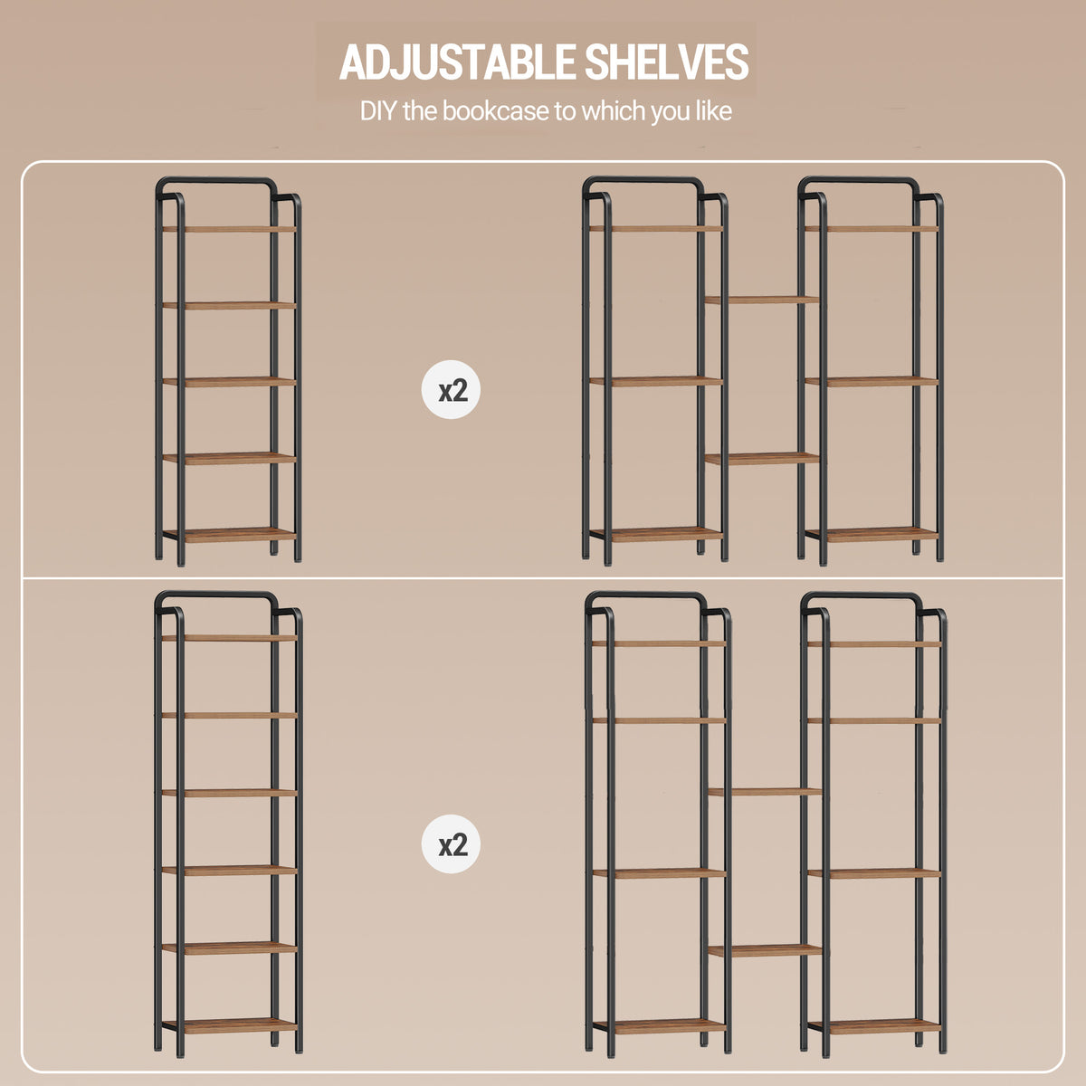 joyunite Bookcase, Shelf, Standing Shelf, Slim Bookcase, Industrial Corner Shelf, Slim Shelf for Home Office, Living Room, Bedroom, Kitchen, 6 Tiers, Vintage Brown/Black BC44601B