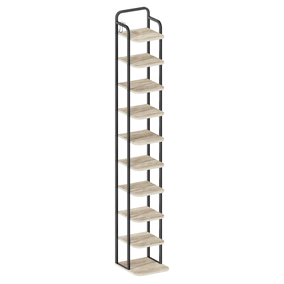 joyunite 10-Tier Vertical Shoe Rack, Narrow Shoe Tower, High Shoe Rack with 2 Hooks, Adjustable Shelf, Small Space, Corner Shoe Rack, Entrance Passage, Living Room Greige SR11205B